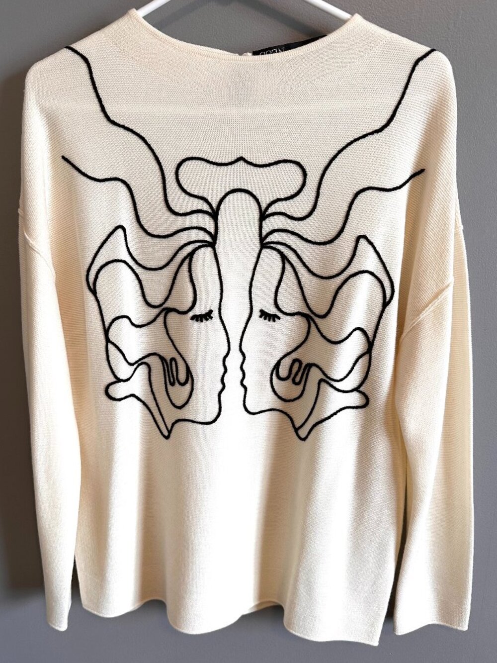 NESS - Abstract - Faces Line Art Wool Blend Cream Knit Sweater Women's LG